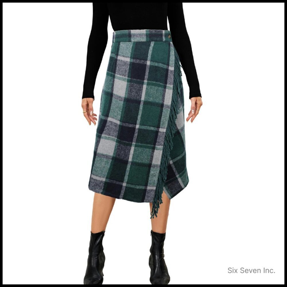 Wool Wrap Skirt Fringed Plaid Midi A-Line Tartan Fall Winter Chic